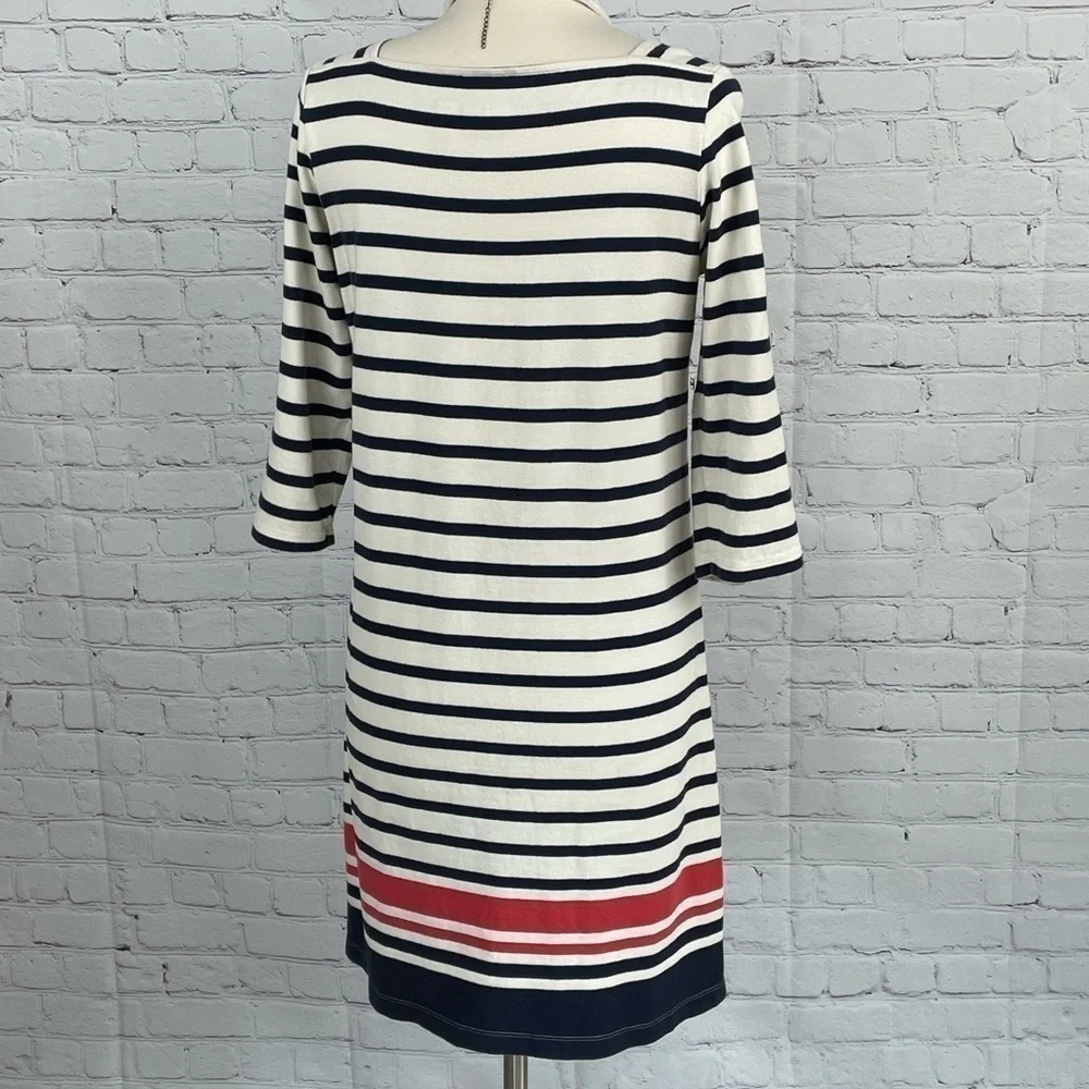 LL Bean Medium Boat Neck 3/4 Sleeve Dress Striped 100% Cotton Cream/Blue/Red - Picture 2 of 11